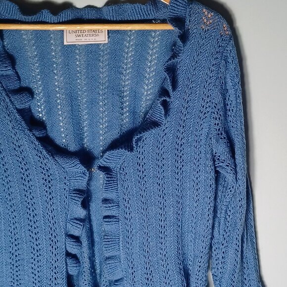 Vintage Knit Cardigan Sweater Womens Large Blue Cottagecore Ruffles Feminine - Picture 4 of 9
